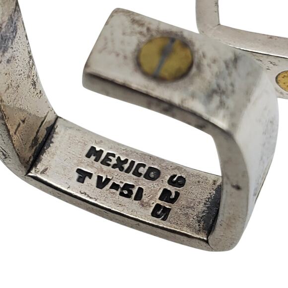 Vintage Mexican Sterling Silver Earrings Taxco 925 Hoops Modernist Brass Rivet - Picture 4 of 12